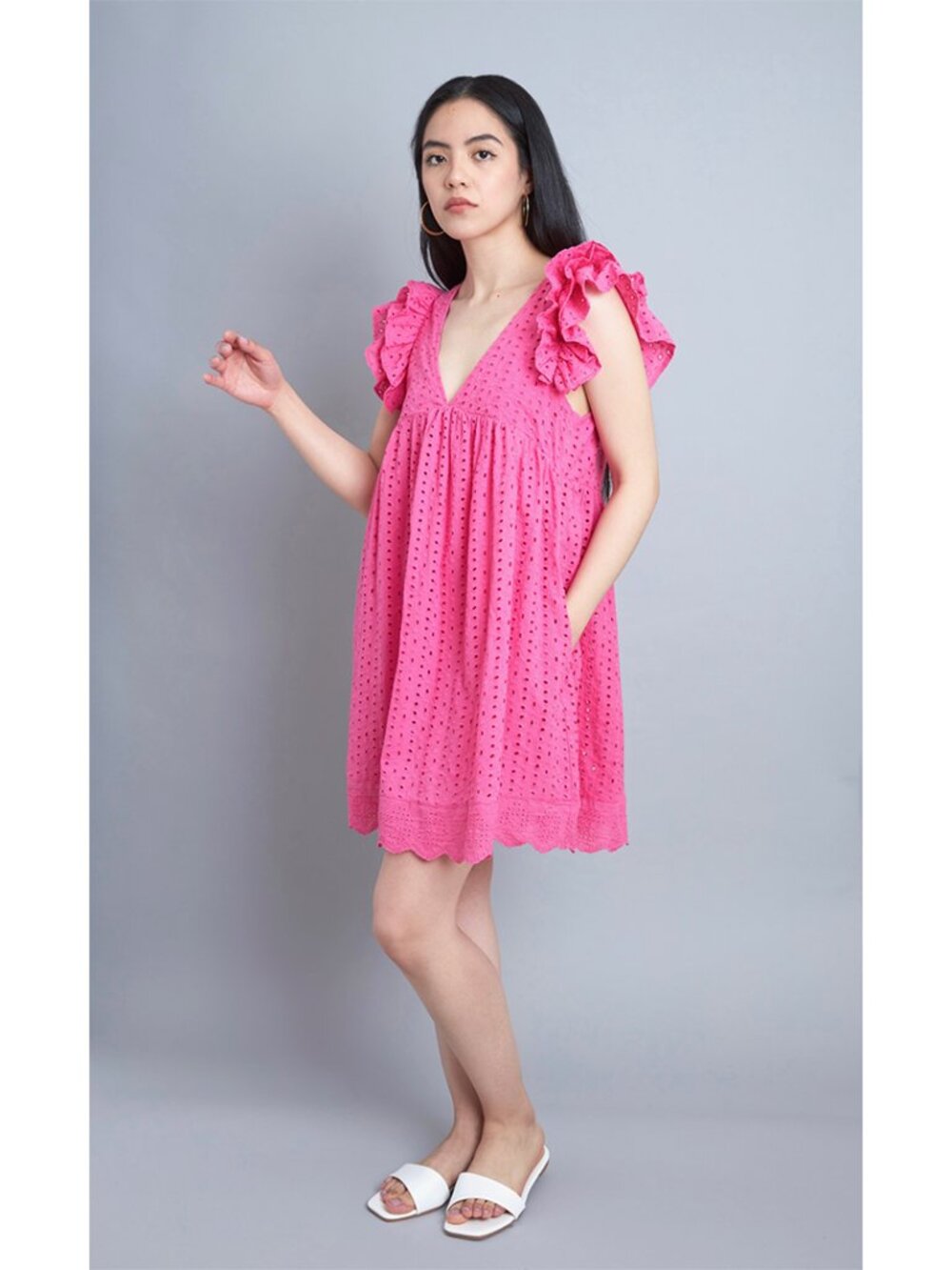 Pink Eyelet Embroidered Babydoll Dress With Built-In Shorts - Picture 2 of 7